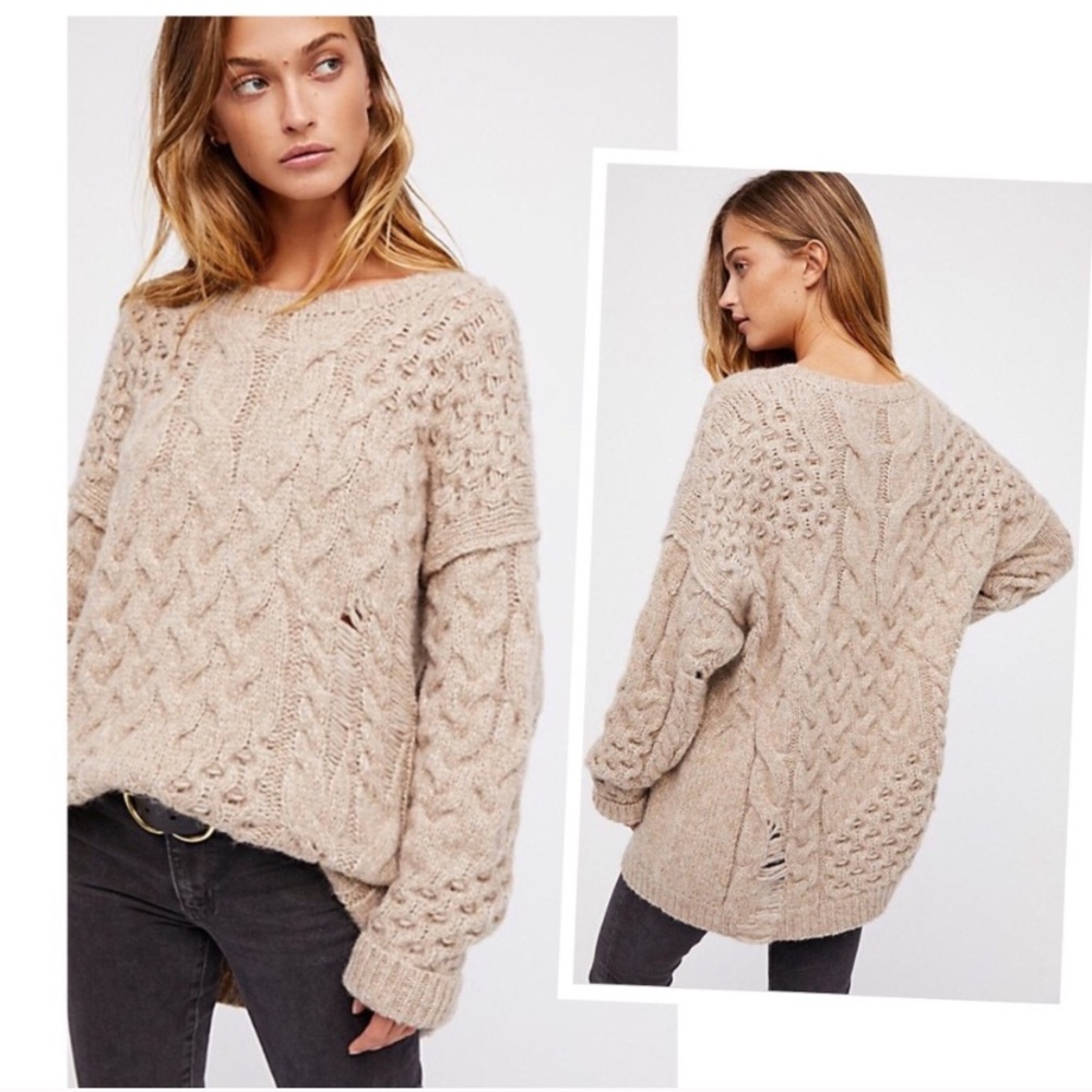 Free People Beige *Distressed Chunky Knit Sweater
